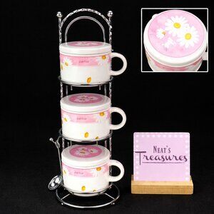 Lamanita PINTOR Pink Floral Daisy 3-Stack Lidded 8oz Mug w/ Stand & Spoon Set